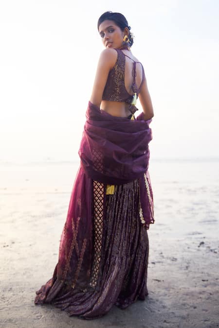 Shop_Monk & Mei By Sonia Anand_Wine Georgette Sequins Round Neck Layered Embroidered Lehenga Blouse Set _at_Aza_Fashions