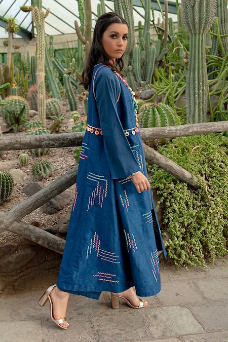Shop Kacha Tanka Blue Dupion Art Silk And Cotton Satin Hand Embroidery Flower Work Jacket Kurta Set at Aza Fashions Shop_Kacha Tanka_Blue Dupion Art Silk And Cotton Satin Hand Embroidery Flower Work Jacket Kurta Set _at_Aza_Fashions