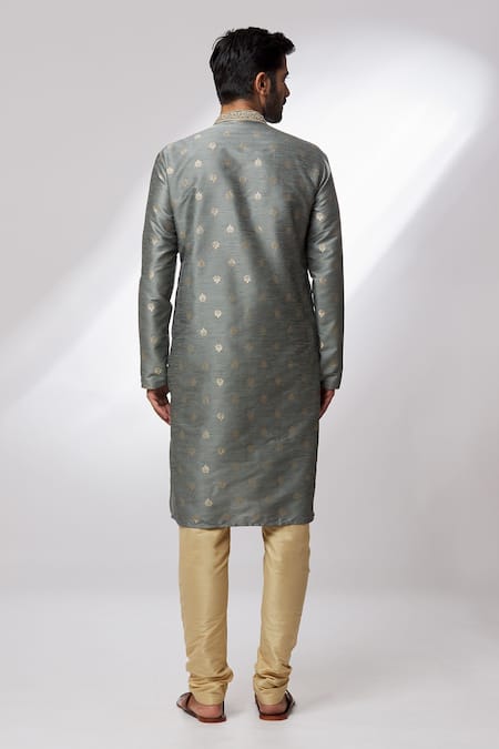 Shop Arihant Rai Sinha Grey Jacquard, Silk Embroidery, Zari Banarasi Floral Pattern Woven Kurta Set at Aza Fashions Shop_Arihant Rai Sinha_Grey Jacquard, Silk Embroidery, Zari Banarasi Floral Pattern Woven Kurta Set _at_Aza_Fashions