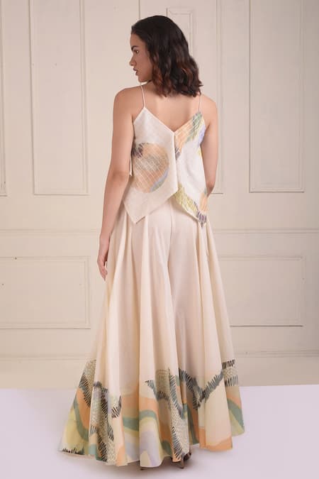 Shop_Shwetanga_Ivory Cotton V-neck Placement Print Organic Sharara Set _at_Aza_Fashions