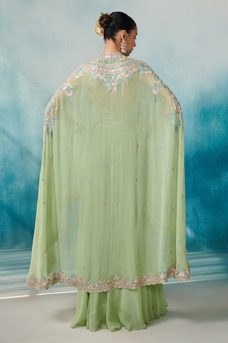 Shop SUHINO Green Georgette, Cotton Gota Patti, Embroidery Square Neck Cape And Sharara Set at Aza Fashions Shop_SUHINO_Green Georgette, Cotton Gota Patti, Embroidery Square Neck Cape And Sharara Set _at_Aza_Fashions