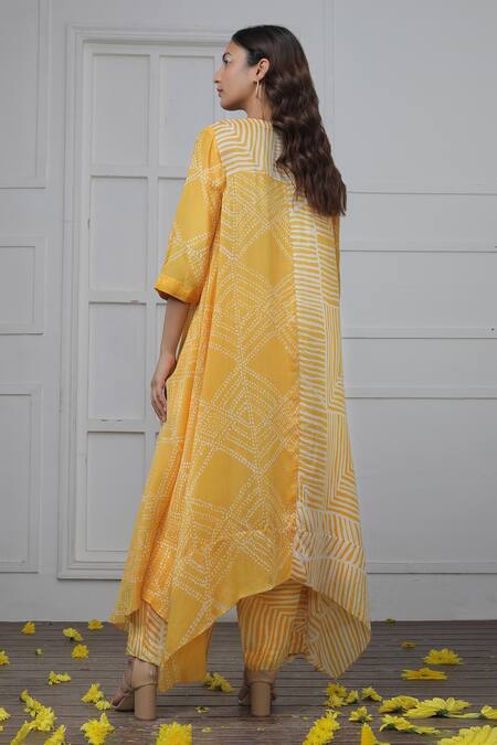 Shop Myoho Yellow Cotton, Silk V-neck Jagged Striped Pattern Dress at Aza Fashions Shop_Myoho_Yellow Cotton, Silk V-neck Jagged Striped Pattern Dress_at_Aza_Fashions