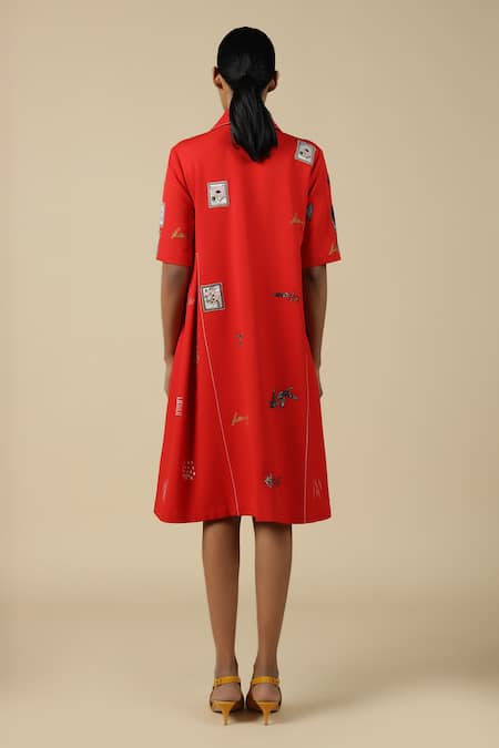 Shop Shahin Mannan Red Crepe Embroidery Collared Funky Pattern Dress at Aza Fashions Shop_Shahin Mannan_Red Crepe Embroidery Collared Funky Pattern Dress _at_Aza_Fashions