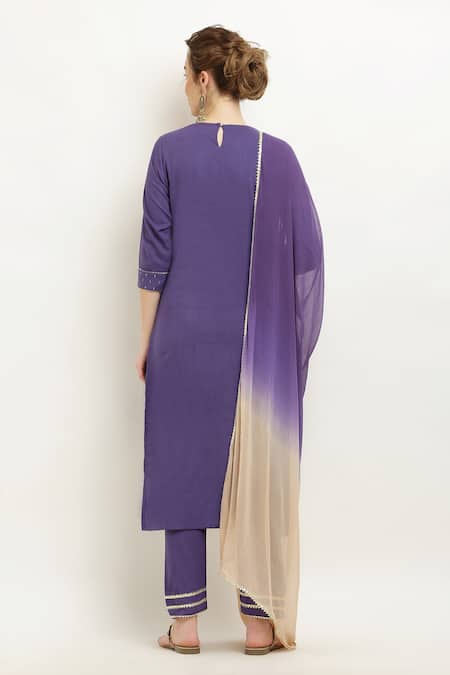 Shop_Kefi Collections_Purple Cotton, Chiffon Lace Round Neck Amrusha Kurta Set With Ombre Dupatta_at_Aza_Fashions
