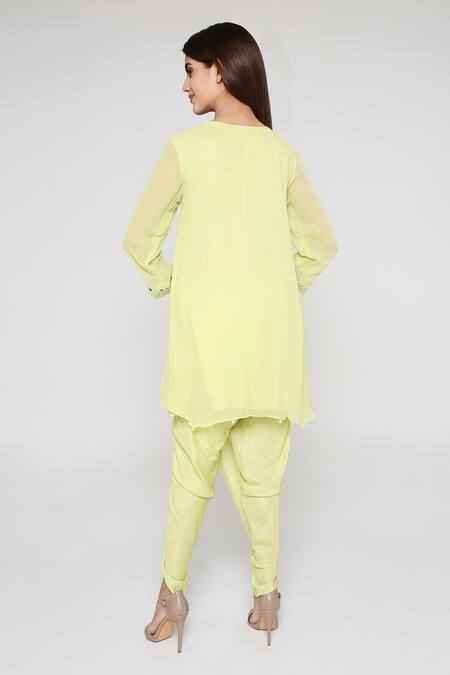 Shop Bha Sha Green Chanderi, Silk Mirrors Round Neck Zeba Embroidered Tunic And Dhoti Pant Set at Aza Fashions Shop_Bha Sha_Green Chanderi, Silk Mirrors Round Neck Zeba Embroidered Tunic And Dhoti Pant Set _at_Aza_Fashions