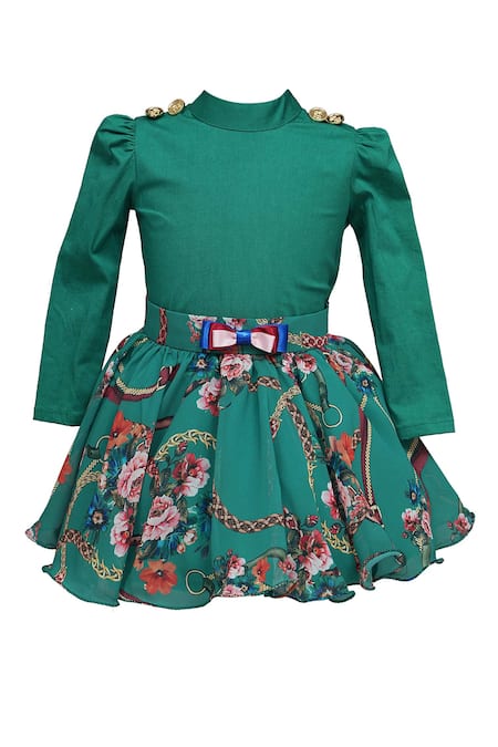 Shop_The Pony & Peony CO._Green Cotton Bows Plain Top And Digital Print Skirt _at_Aza_Fashions
