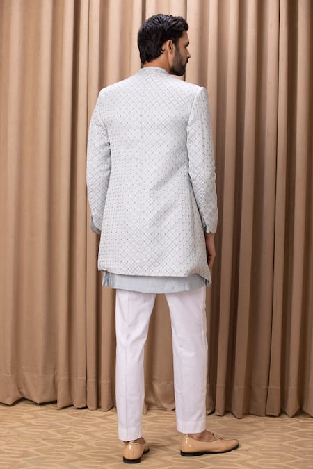 Shop Ankit V Kapoor Blue Jacquard, Cotton Embroidery Faizal Textured Jacket Kurta Set at Aza Fashions Shop_Ankit V Kapoor_Blue Jacquard, Cotton Embroidery Faizal Textured Jacket Kurta Set _at_Aza_Fashions