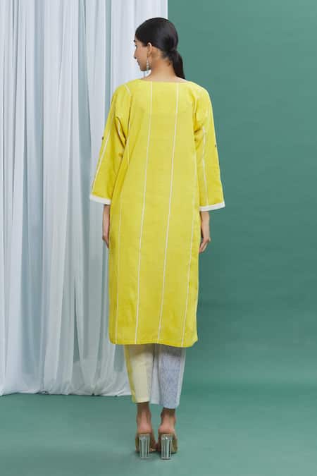 Shop Banana Labs Yellow Cotton Stripes Round Printed Straight Kurta Set at Aza Fashions Shop_Banana Labs_Yellow Cotton Stripes Round Printed Straight Kurta Set _at_Aza_Fashions