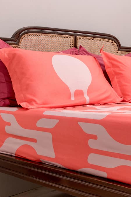 Shop Kyoona Coral 100% Cotton, Satin Weave Polka Dot Drip The Monochrome Bedcover Set at Aza Fashions Shop_Kyoona_Coral 100% Cotton, Satin Weave Polka Dot Drip The Monochrome Bedcover Set_at_Aza_Fashions