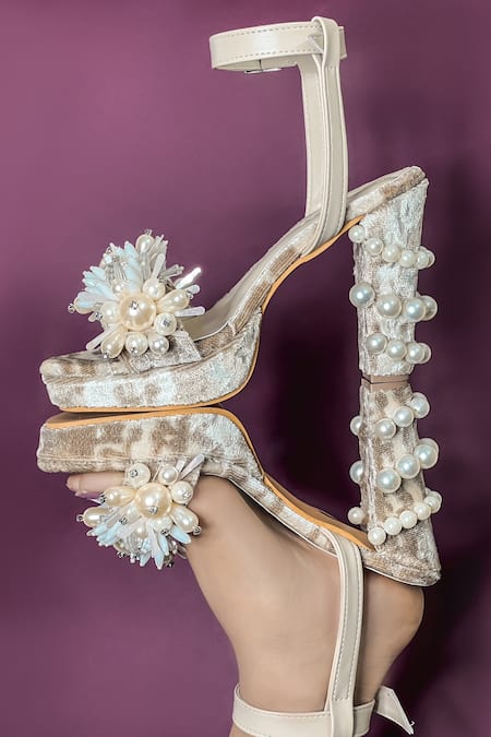Shop_The Episode_Cream Sequin Day Dreaming Pearl Embellished Heels _at_Aza_Fashions