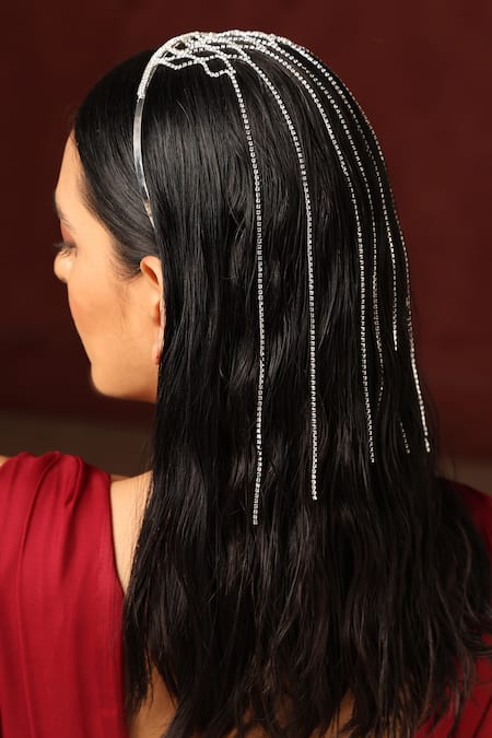Shop_Swabhimann_Silver Zari, Rhinestones Zirconia Embellished Headband _at_Aza_Fashions