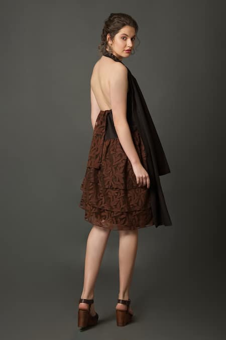 Shop House Of Behram Brown Cotton, Net Halter Neck Layered Dress at Aza Fashions Shop_House Of Behram_Brown Cotton, Net Halter Neck Layered Dress _at_Aza_Fashions