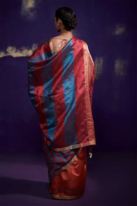 Shop Dressfolk Orange Pure 100% Handloom Silk Stripes Two Toned Saree With Running Blouse at Aza Fashions Shop_Dressfolk_Orange Pure 100% Handloom Silk Stripes Two Toned Saree With Running Blouse_at_Aza_Fashions