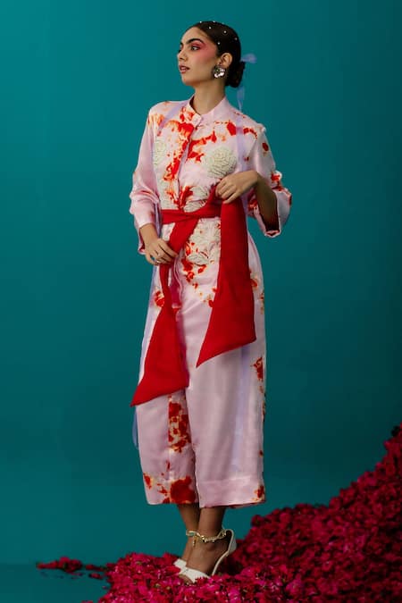 Shop_LATHA PUTTANNA_Pink Silk Embroidery Mandarin Collar Soft Batik Jumpsuit _at_Aza_Fashions