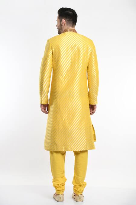 Shop_Samant Chauhan_Yellow Vegan Leather Stripe Pattern Sherwani Set _at_Aza_Fashions