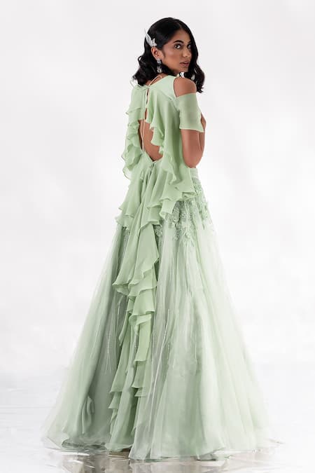 Shop PIRI INDIA Green Organza, Georgette Neena Floral Applique Lehenga With Cold Shoulder Blouse at Aza Fashions Shop_PIRI INDIA_Green Organza, Georgette Neena Floral Applique Lehenga With Cold Shoulder Blouse _at_Aza_Fashions