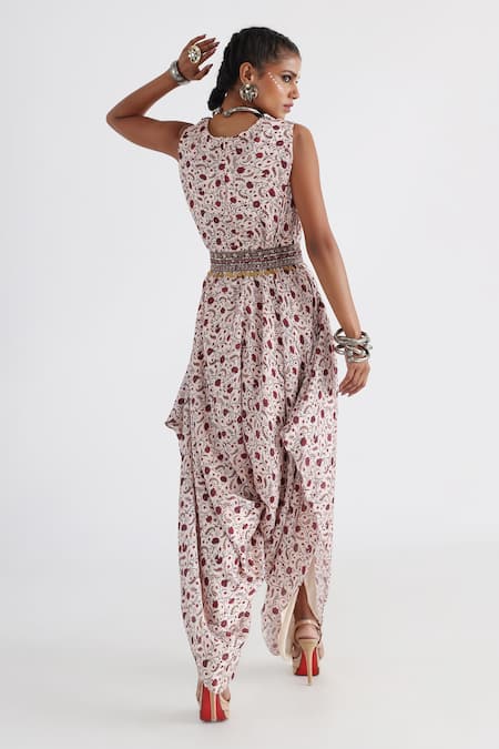 Shop_Smriti by Anju Agarwal_Off White Jumpsuit Satin Georgette Printed Floral V Neck Huma _at_Aza_Fashions