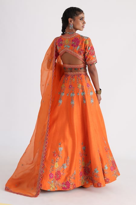Shop_Smriti By Anju Agarwal_Orange Bamboo, Organza, Taffeta Tassels V-neck Embroidered Lehenga Set _at_Aza_Fashions