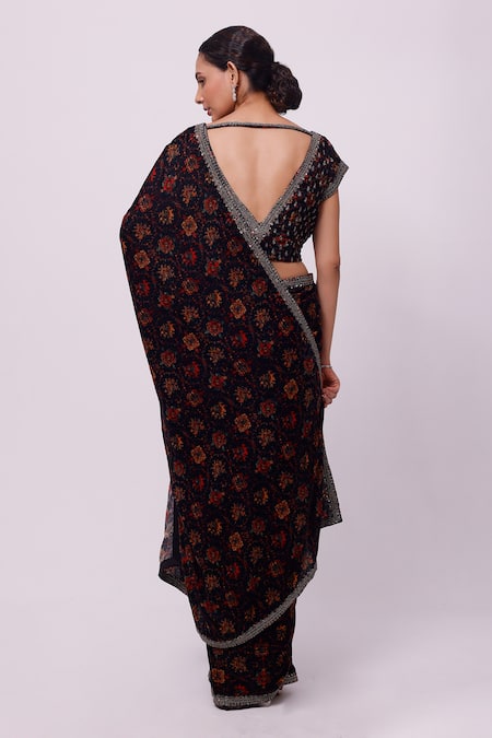 Shop_Onaya_Multi Color Velvet Micro Sequin, Cut Dana And Bead Work, Saree With Blouse _at_Aza_Fashions