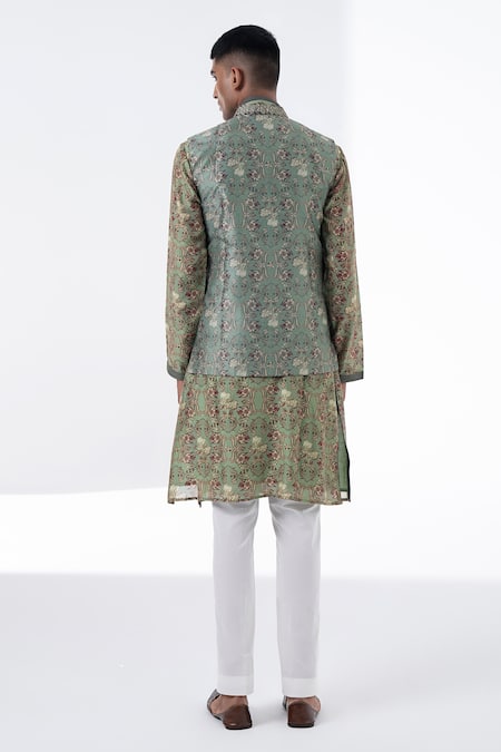 Shop_Siddhartha Bansal_Green Silk Embroidery Printed Royal Chintz Bundi _at_Aza_Fashions