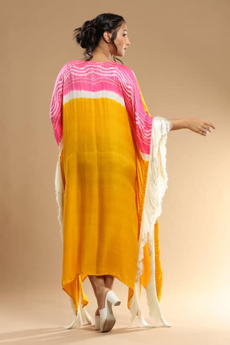 Shop_Etasha by Asha Jain_Pink Gingham Tassels Round Neck Asymmetric Bandhani Kaftan With Dupatta _at_Aza_Fashions