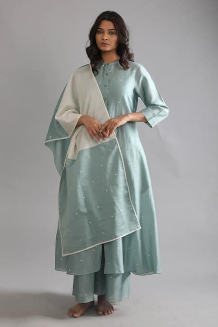 Shop Khat Green Chanderi Silk Embroidery Round Neck Polka Pattern Shirt Kurta Pant Set at Aza Fashions Shop_Khat_Green Chanderi Silk Embroidery Round Neck Polka Pattern Shirt Kurta Pant Set _at_Aza_Fashions