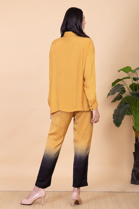 Shop Chambray & CO. Yellow Silk Beads Split V-neck Carol Shirt And Ombre Pant Set at Aza Fashions Shop_Chambray & CO._Yellow Silk Beads Split V-neck Carol Shirt And Ombre Pant Set _at_Aza_Fashions