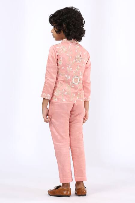 Shop_Neha Gursahani_Peach Satin, Linen Embroidery Jacket And Pant Set _at_Aza_Fashions
