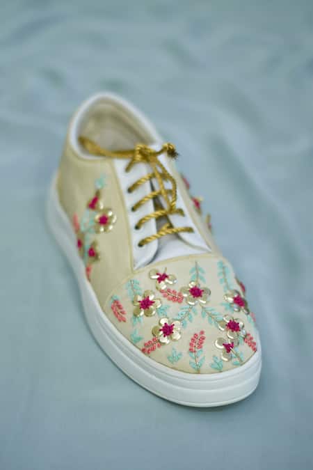 Around Always Gold Astra Floral Embroidered Sneakers Online at Aza Fashions Around Always_Gold Astra Floral Embroidered Sneakers _Online_at_Aza_Fashions