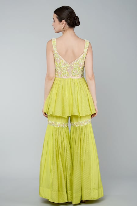 Shop KEITH GOMES Yellow Chanderi, Crepe, Chiffon, Net Beads, Embroidered Tunic Gharara Set at Aza Fashions Shop_KEITH GOMES_Yellow Chanderi, Crepe, Chiffon, Net Beads, Embroidered Tunic Gharara Set _at_Aza_Fashions