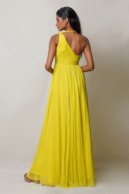 Shop Pinup By Astha Yellow Chiffon, Crepe Halter Neck Gown at Aza Fashions Shop_Pinup By Astha_Yellow Chiffon, Crepe Halter Neck Gown _at_Aza_Fashions