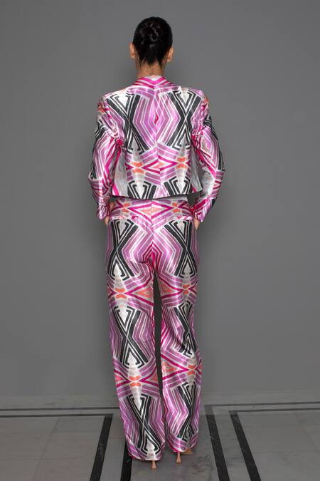 Shop Redefine Pink Mashru Silk Print Wabi Straight Fit Pants at Aza Fashions Shop_Redefine_Pink Mashru Silk Print Wabi Straight Fit Pants _at_Aza_Fashions