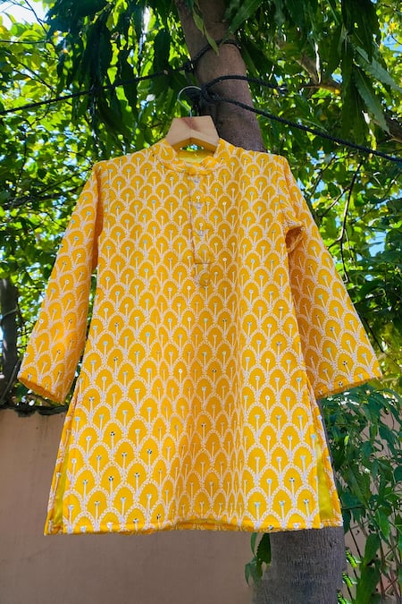 Shop Tiny Pants Yellow Georgette, Satin Embroidery Kurta And Pant Set at Aza Fashions Shop_Tiny Pants_Yellow Georgette, Satin Embroidery Kurta And Pant Set _at_Aza_Fashions