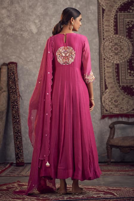 Shop Hirika & Dhruti Pink Chanderi Embroidery, Sequins Round Neck Hand Anarkali Set at Aza Fashions Shop_Hirika & Dhruti_Pink Chanderi Embroidery, Sequins Round Neck Hand Anarkali Set _at_Aza_Fashions