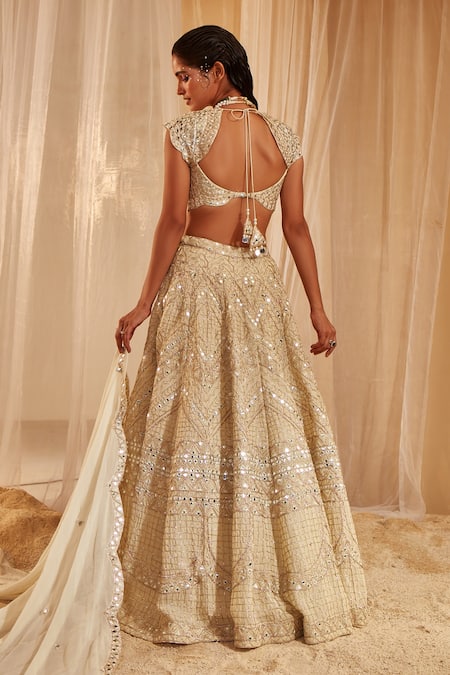Shop_The House of Exotique_Green Georgette Embroidered Geometric Jewel Lehenga Set  _at_Aza_Fashions