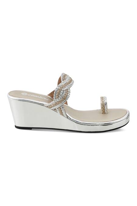 Shop CRIMZON Silver Bows Nazakat Interlocked Strap Kolhapuri Wedges at Aza Fashions Shop_CRIMZON_Silver Bows Nazakat Interlocked Strap Kolhapuri Wedges_at_Aza_Fashions