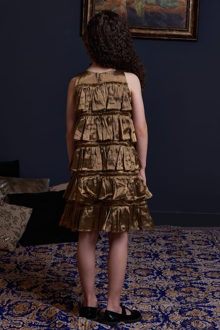 Shop Swati Golyan Gold Handloom Cotton, Lurex Bow Tie Tiered Dress at Aza Fashions Shop_Swati Golyan_Gold Handloom Cotton, Lurex Bow Tie Tiered Dress _at_Aza_Fashions