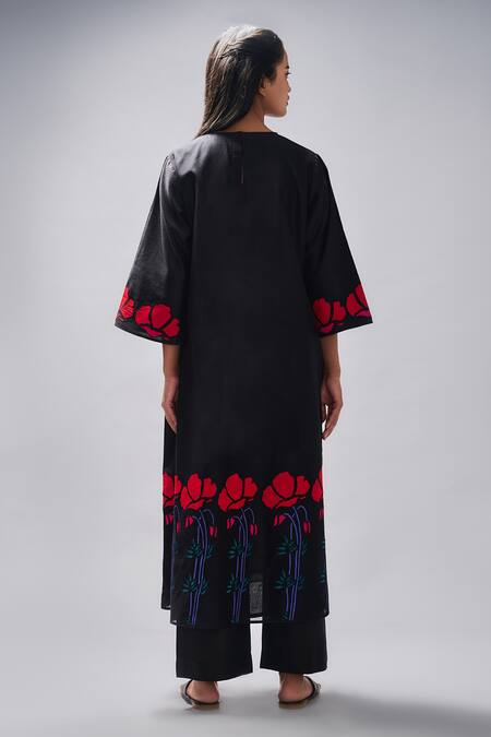 Shop Taika By Poonam Bhagat Black Chanderi Embroidered Floral Round A-line Tunic Set at Aza Fashions Shop_Taika By Poonam Bhagat_Black Chanderi Embroidered Floral Round A-line Tunic Set _at_Aza_Fashions