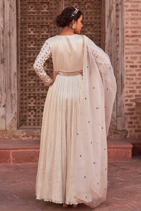 Shop_NIDHIKA SHEKHAR_Ivory Organza, Crepe Embroidery, Sequins Karwa Sleeve Anarkali With Dupatta _at_Aza_Fashions