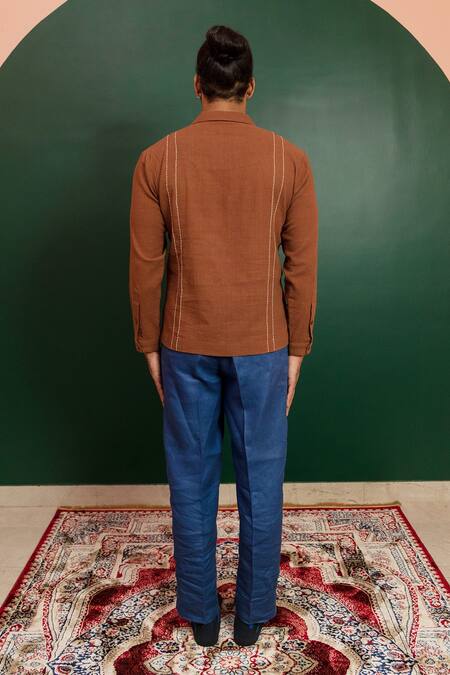 Shop Artless Brown Vegan Leather Embroidery Stitchline Summer Shirt at Aza Fashions Shop_Artless_Brown Vegan Leather Embroidery Stitchline Summer Shirt_at_Aza_Fashions