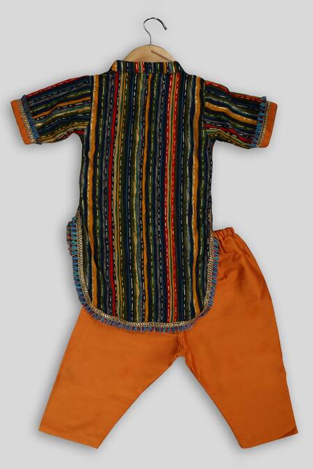 Shop Champscloset Multi Color Cotton Stripes Pattern Kurta And Pant Set at Aza Fashions Shop_Champscloset_Multi Color Cotton Stripes Pattern Kurta And Pant Set_at_Aza_Fashions