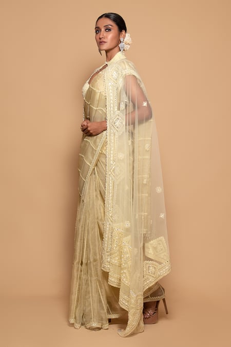 Shop Pallavi Poddar Yellow Net, Tissue Sequins, Light Gamma Mirror Work Embellished Cape Saree Set at Aza Fashions Shop_Pallavi Poddar_Yellow Net, Tissue Sequins, Light Gamma Mirror Work Embellished Cape Saree Set _at_Aza_Fashions