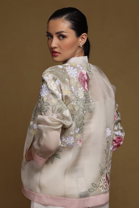 Shop_Shriya Som_Off White Organza Embroidery Collared Placement Bomber Jacket _at_Aza_Fashions