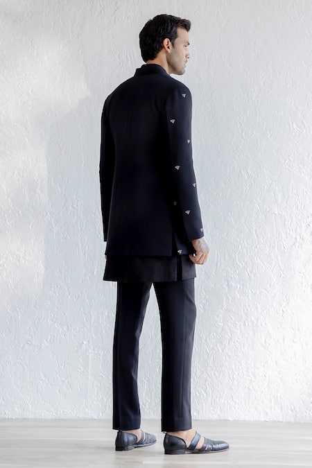 Shop_Qbik_Black Jacket Viscose Wool Embroidered Bee And Trouser Set_at_Aza_Fashions