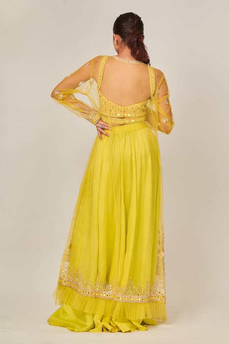 Shop Tamaraa By Tahani Green Net, Mull Silk Cutdana, Sequins Sweetheart Embellished Bouse Sharara Set at Aza Fashions Shop_Tamaraa By Tahani_Green Net, Mull Silk Cutdana, Sequins Sweetheart Embellished Bouse Sharara Set _at_Aza_Fashions