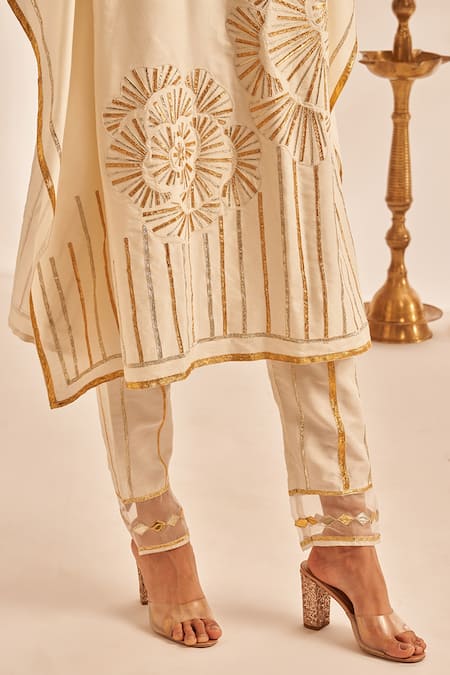 Shop_Gulabo By Abu Sandeep_Off White 100% Pure Chanderi Silk Embellished Gota Work Pencil Pant _at_Aza_Fashions