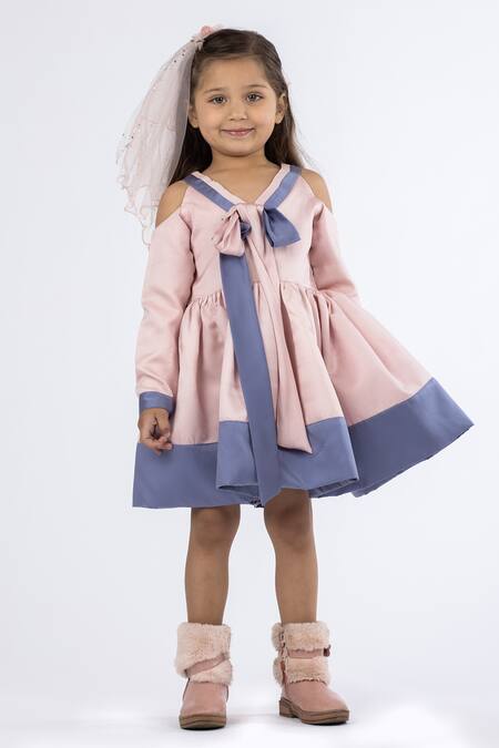 Shop Darleen Kids Couture Pink Silk, Satin Lucy Cold Shoulder Dress at Aza Fashions Shop_Darleen Kids Couture_Pink Silk, Satin Lucy Cold Shoulder Dress _at_Aza_Fashions