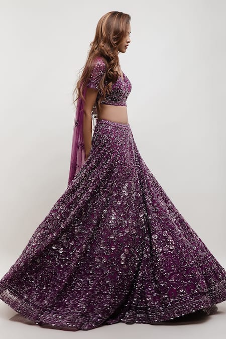 Shop Kalighata Purple Organza, Net Cut Work, Sequins Floral Embellished Bridal Lehenga Set at Aza Fashions Shop_Kalighata_Purple Organza, Net Cut Work, Sequins Floral Embellished Bridal Lehenga Set _at_Aza_Fashions