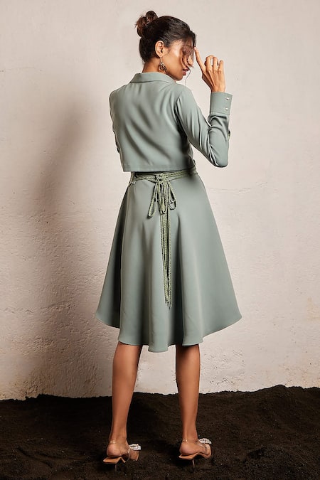 Shop Pocket Stories Green Microfiber Collared High Low Hem Dress at Aza Fashions Shop_Pocket Stories_Green Microfiber Collared High Low Hem Dress _at_Aza_Fashions