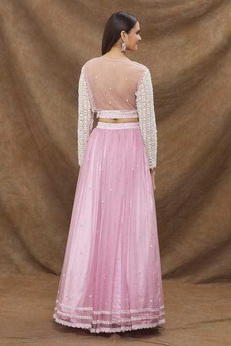 Shop_Kanj by Priyanka A Sakhuja_Pink Silk Organza Embroidery Cut Dana Plunge V Lehenga Set _at_Aza_Fashions